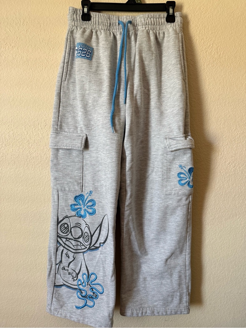 Disney Stitch Gray Fleece Cargo Pants Drawstring Elastic Waist XS Juniors